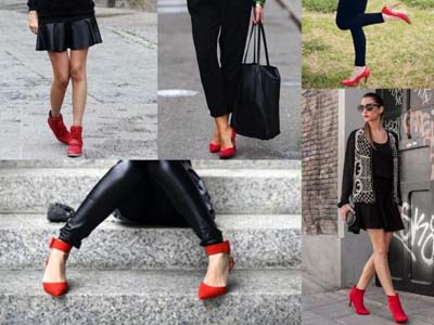 сочетание красных туфель с черным цветом